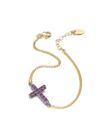 Pulsera LeCarré "Soleil" Cruz con Piedras Color Rubí - Plata Dorada