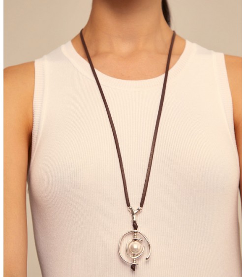 Collar Uno de 50 cuero plata y perla COL0973
