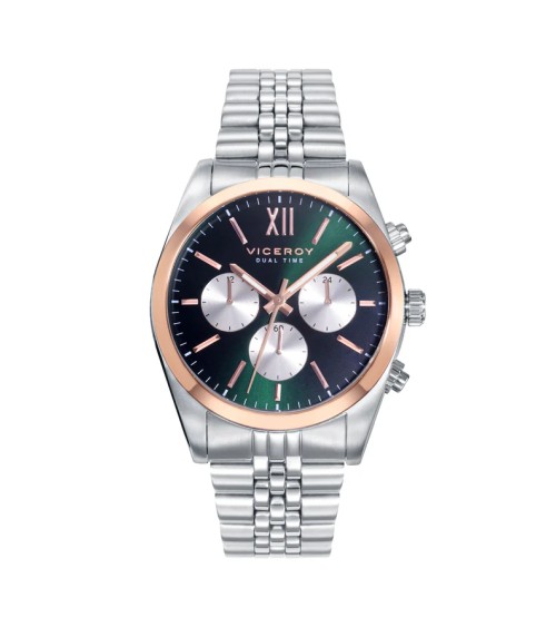 Reloj Viceroy Chic Multifunción para Hombre en Acero Bicolor, Esfera Verde y Detalles en Oro Rosa