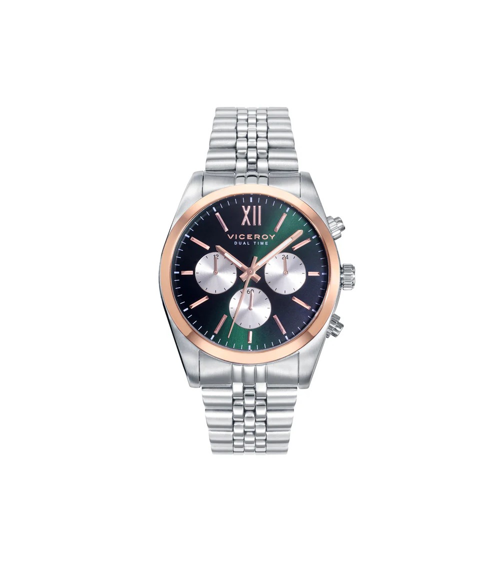Reloj Viceroy Chic Multifunción para Hombre en Acero Bicolor, Esfera Verde y Detalles en Oro Rosa