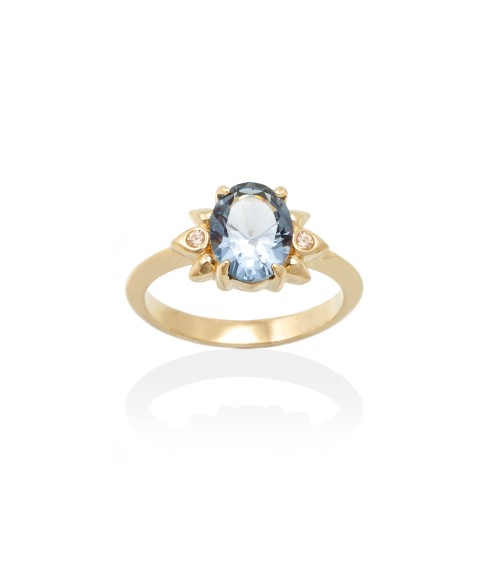 Anillo Sortija Plata Bañada en Oro con Zafiro Sintético