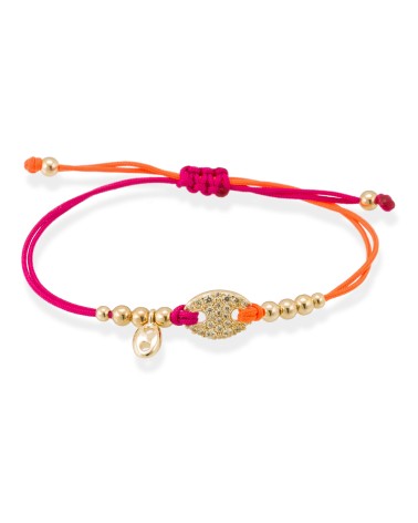 Pulsera Calabrote de Circonitas sobre Cordón Naranja y Fucsia