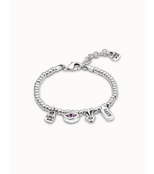 Pulsera UNOde50 PUL1853 “I’m Waiting 4 U” Rosa y Plateada — Swarovski & Mano de Fátima