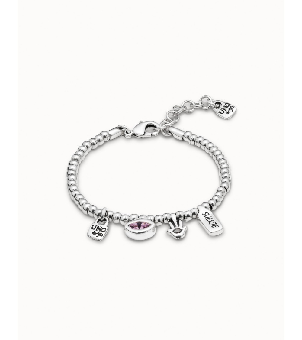 Pulsera UNOde50 PUL1853 “I’m Waiting 4 U” Rosa y Plateada — Swarovski & Mano de Fátima