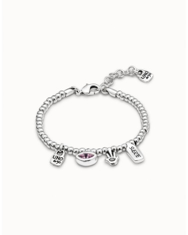 Pulsera UNOde50 PUL1853 “I’m Waiting 4 U” Rosa y Plateada — Swarovski & Mano de Fátima