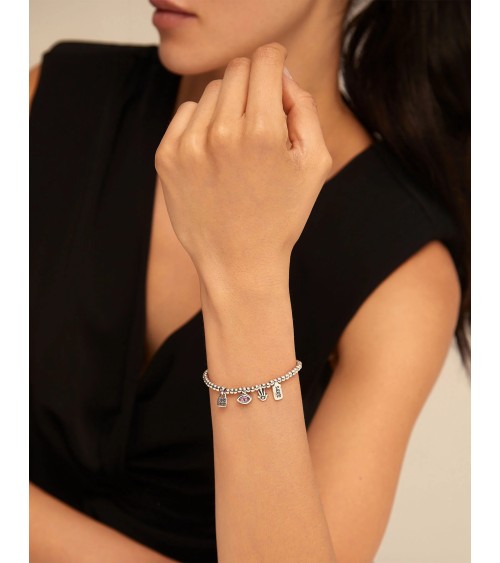Pulsera UNOde50 PUL1853 “I’m Waiting 4 U” Rosa y Plateada — Swarovski & Mano de Fátima