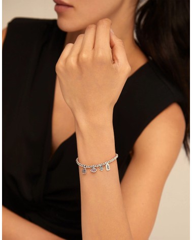Pulsera UNOde50 PUL1853 “I’m Waiting 4 U” Rosa y Plateada — Swarovski & Mano de Fátima