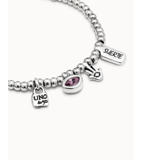 Pulsera UNOde50 PUL1853 “I’m Waiting 4 U” Rosa y Plateada — Swarovski & Mano de Fátima