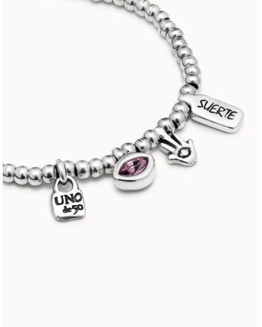 Pulsera UNOde50 PUL1853 “I’m Waiting 4 U” Rosa y Plateada — Swarovski & Mano de Fátima