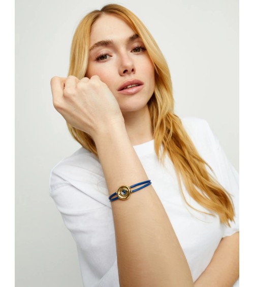 Pulsera doble de cuero azul con ojo bañada en oro 18k | UNOde50