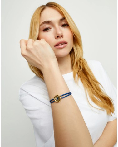 Pulsera doble de cuero azul con ojo bañada en oro 18k | UNOde50