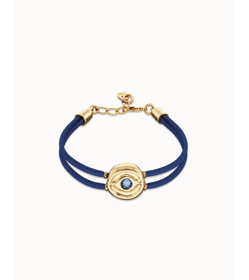 Pulsera doble de cuero azul con ojo bañada en oro 18k | UNOde50
