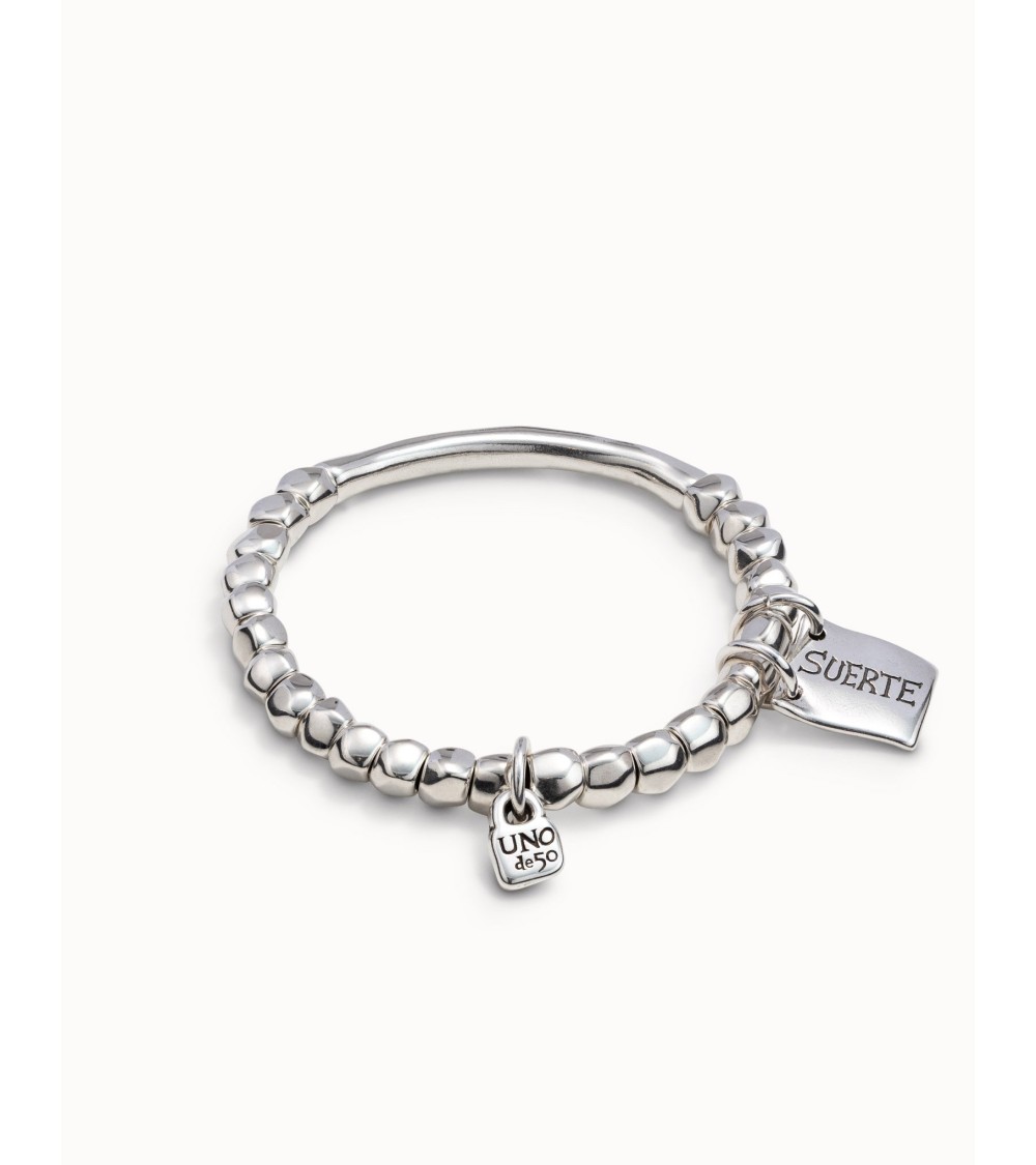 Pulsera UNOde50 PUL1210 “Sortuda” en plata – cuentas, tubo y chapa con mensaje