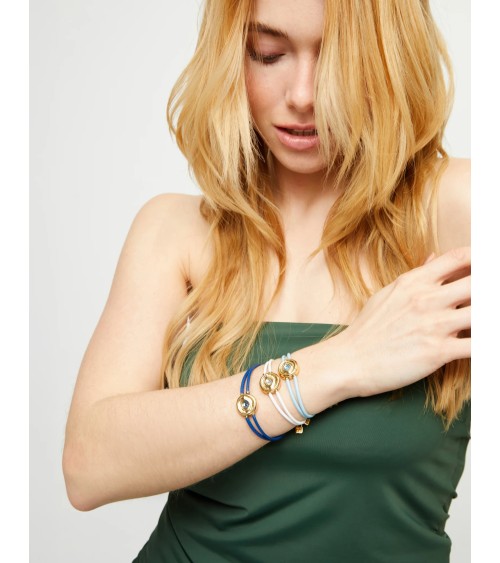 Pulsera UNOde50 PUL2601AZCORO doble cuero azul con ojo dorado y cristal