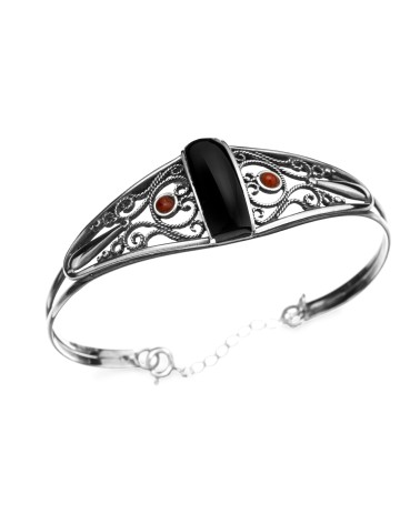 Brazalete de Plata Fink con Azabache y Coral "Diseño Cuadrado" ✨