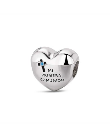 Abalorio de Plata "Mi Primera Comunión" con Cruz y Circonita Azul ⛪