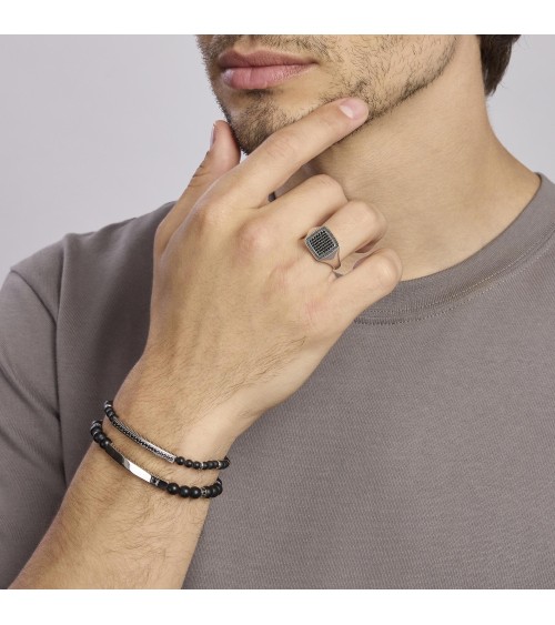 Anillo de Sello Chevalier de Plata con Pavé de Zirconitas Negras Mabina | Joyería Onix Lugo