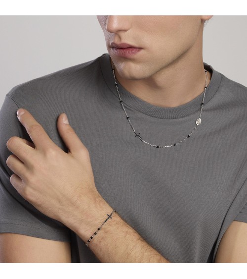 Pulsera de Plata para Hombre con Cruz de Zirconitas Negras y Virgen Mabina | Joyería Onix Lugo