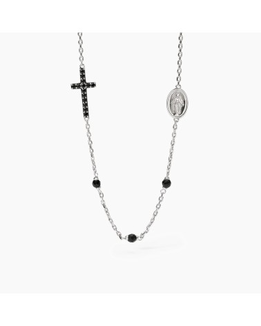 Gargantilla Rosario de Plata para Hombre con Ágata Negra, Cruz y Virgen Mabina Mystical | Joyería Onix Lugo