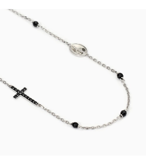 Gargantilla Rosario de Plata para Hombre con Ágata Negra, Cruz y Virgen Mabina Mystical | Joyería Onix Lugo