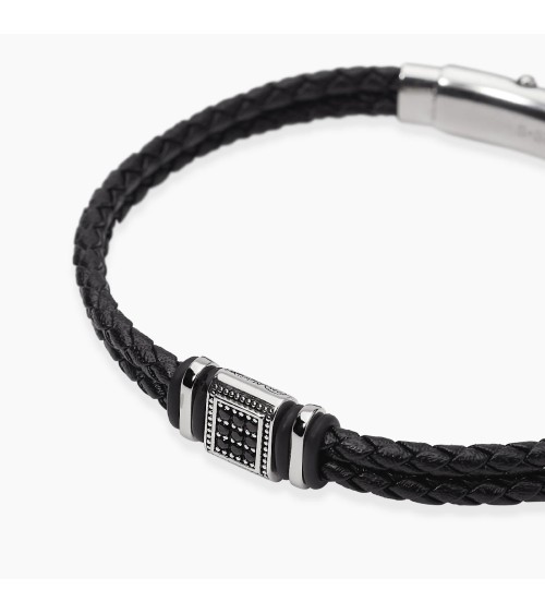 Pulsera de Cuero Trenzado Negro para Hombre con Acero y Zirconitas Mabina | Joyería Onix Lugo