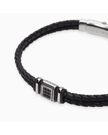 Pulsera de Cuero Trenzado Negro para Hombre con Acero y Zirconitas Mabina | Joyería Onix Lugo