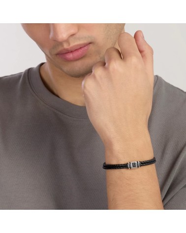 Pulsera de Cuero Trenzado Negro para Hombre con Acero y Zirconitas Mabina | Joyería Onix Lugo