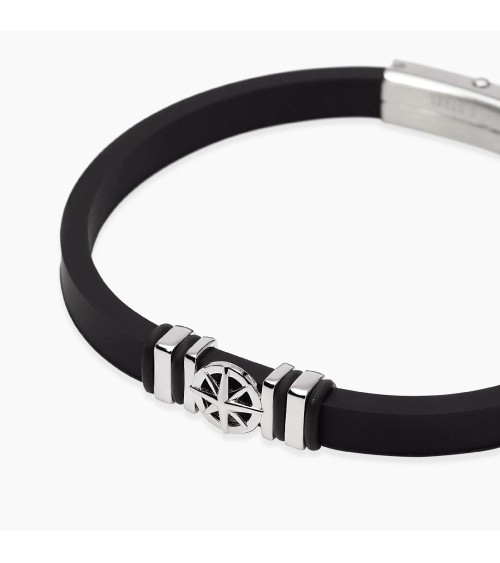 Pulsera de Silicona Negra para Hombre con Rosa de los Vientos de Plata Mabina | Joyería Onix Lugo