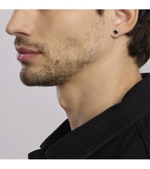 Pendiente de Plata para Hombre con Zirconita Negra y Perfil de Rombos Mabina | Joyería Onix Lugo