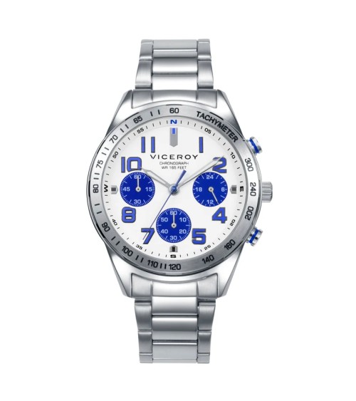 Pack Reloj Viceroy Niño Next Cronógrafo Acero Esfera Blanca + Pulsera Cruz Azul 401477-04 | Joyería Onix Lugo