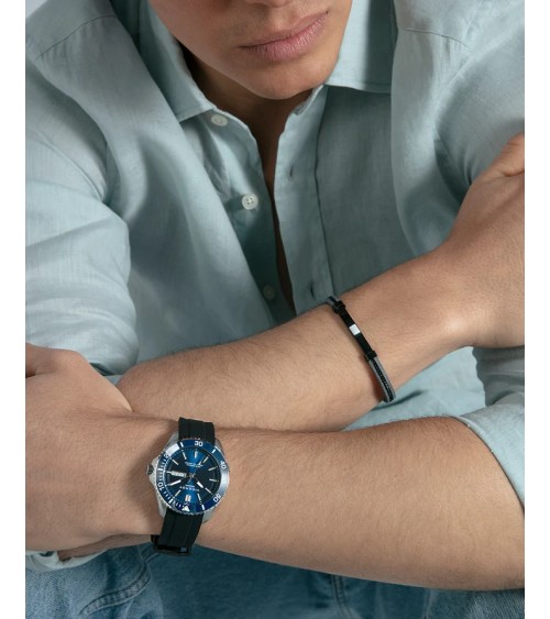 Pulsera Viceroy Hombre Piel Gris y Acero IP Negro Placa Cadena 14375P01010 | Joyería Onix Lugo