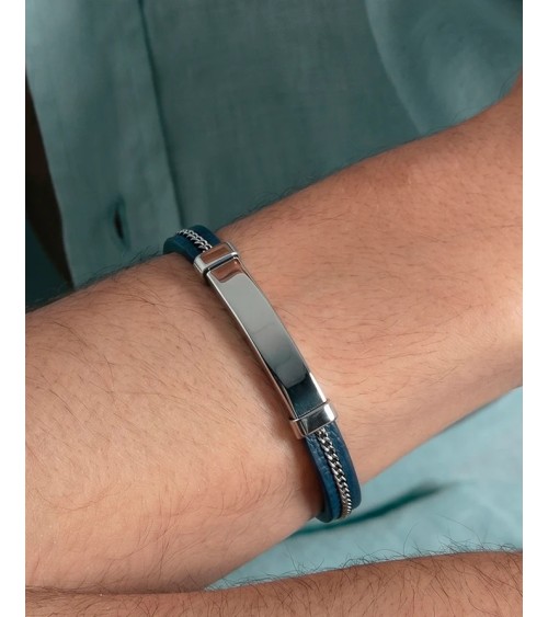 Pulsera Viceroy Hombre Piel Azul y Acero Placa Cadena 14375P01013 | Joyería Onix Lugo