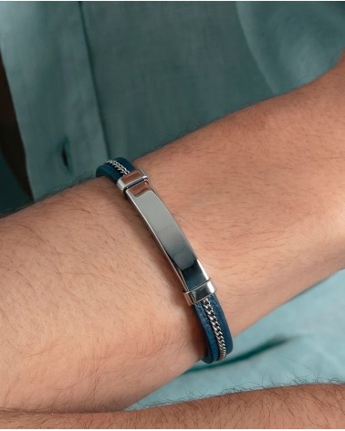 Pulsera Viceroy Hombre Piel Azul y Acero Placa Cadena 14375P01013 | Joyería Onix Lugo